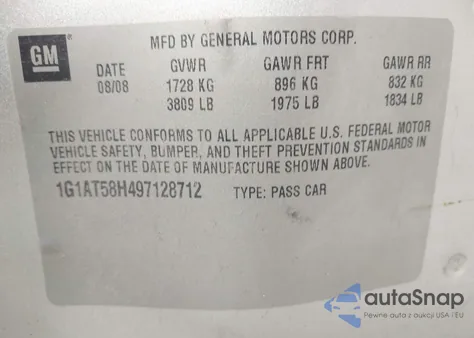 2009 Chevrolet Cobalt Lt из США, поврежденный, VIN 1G1AT58H497128712